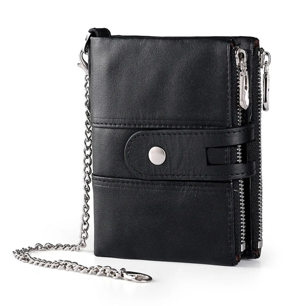 Genuine Leather Detachable Mezzanine RFID Chain Wallet