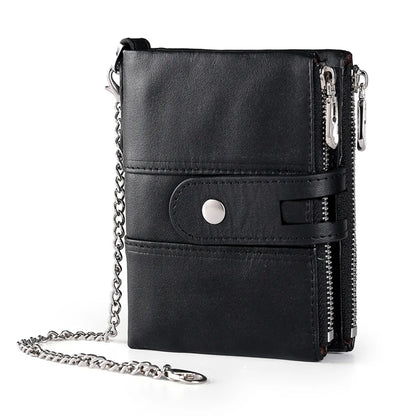 Genuine Leather Detachable Mezzanine RFID Chain Wallet