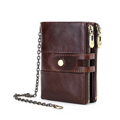 Genuine Leather Detachable Mezzanine RFID Chain Wallet