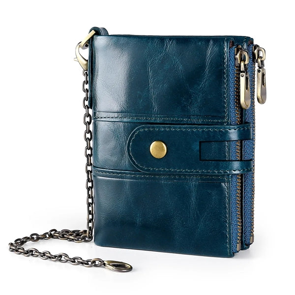 Genuine Leather Detachable Mezzanine RFID Chain Wallet