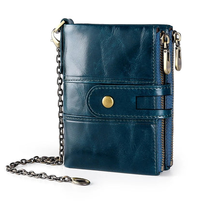 Genuine Leather Detachable Mezzanine RFID Chain Wallet