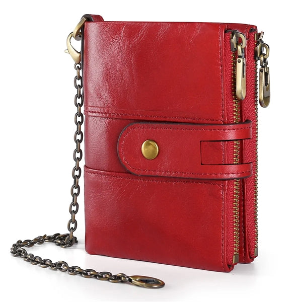 Genuine Leather Detachable Mezzanine RFID Chain Wallet