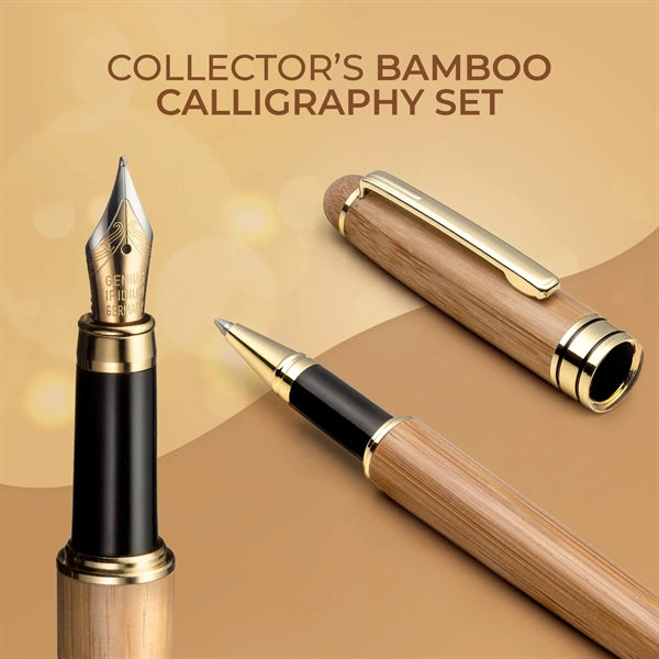 Bamboo Fountain/Rollerball Pen Set with Gift Case