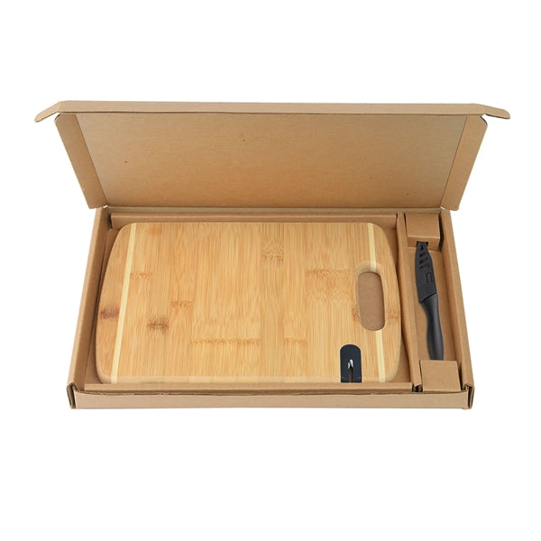 Bamboo Cutting Board with Knife and Sharpener Gift Set