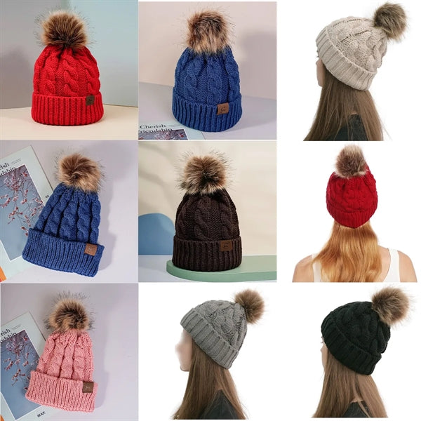 Women Winter Pompom Beanie Hat with Warm Fleece Lined