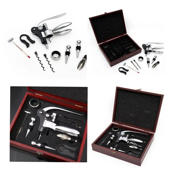 Elegant 9 Piece Set In Rosewood Box Wine Accessory Tool Kit