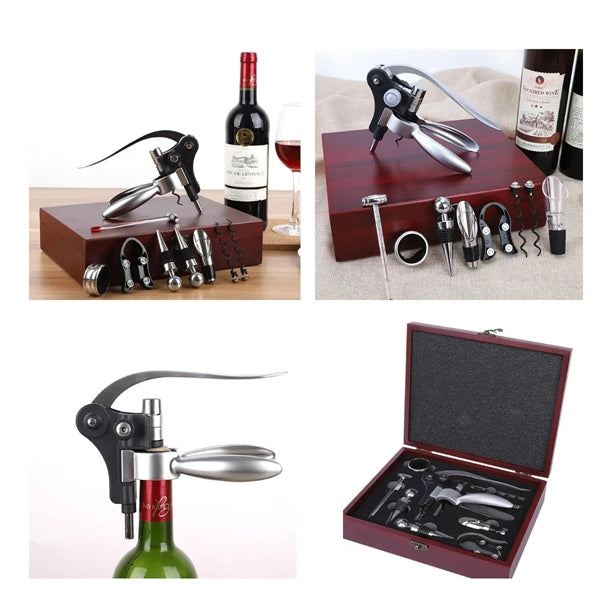 Elegant 9 Piece Set In Rosewood Box Wine Accessory Tool Kit