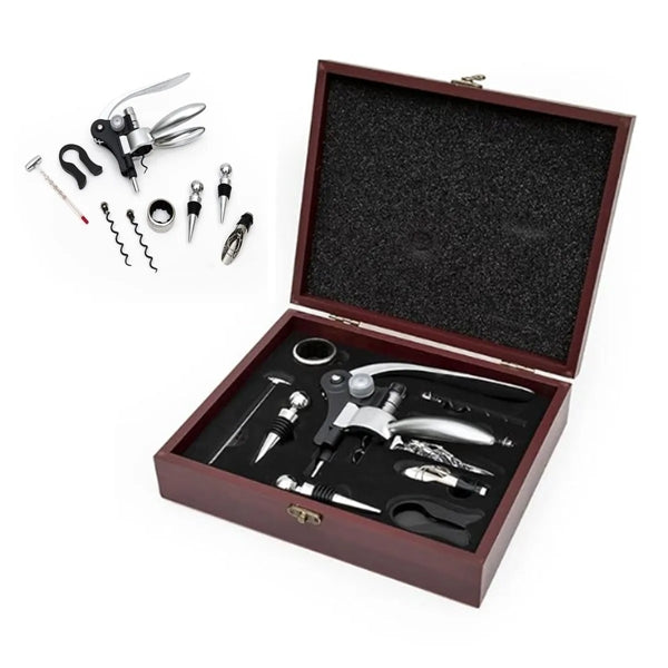 Elegant 9 Piece Set In Rosewood Box Wine Accessory Tool Kit
