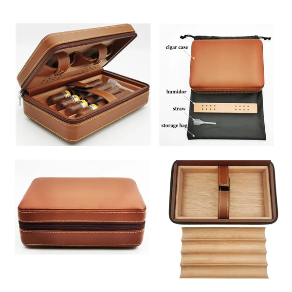 Portable Leather Cedar Wood Lined Removable Cigar Humidor