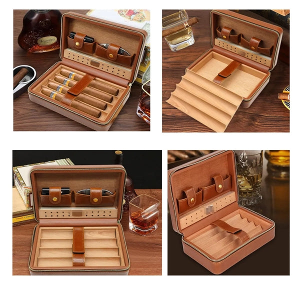 Portable Leather Cedar Wood Lined Removable Cigar Humidor