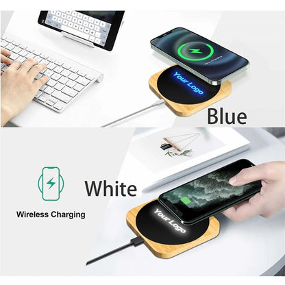 15W Light Up Logo Bamboo Portable Fast Wireless Charger