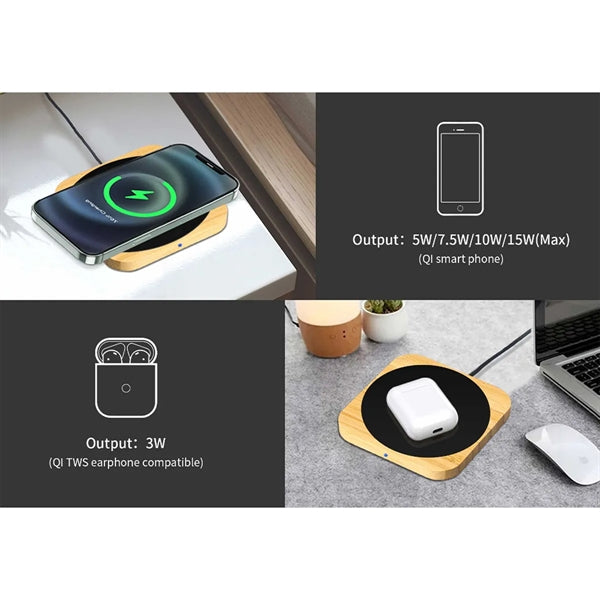 15W Light Up Logo Bamboo Portable Fast Wireless Charger