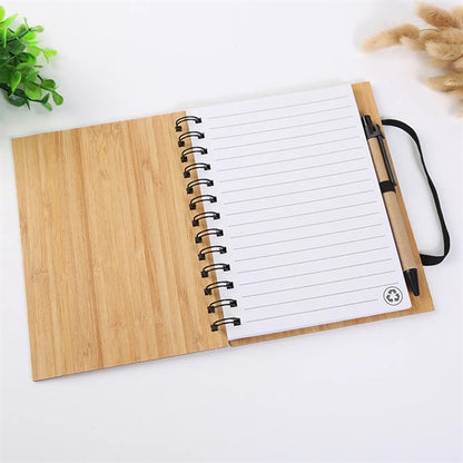 Spiral Notepad Wood Journal Bamboo Cover Notebook With Pen