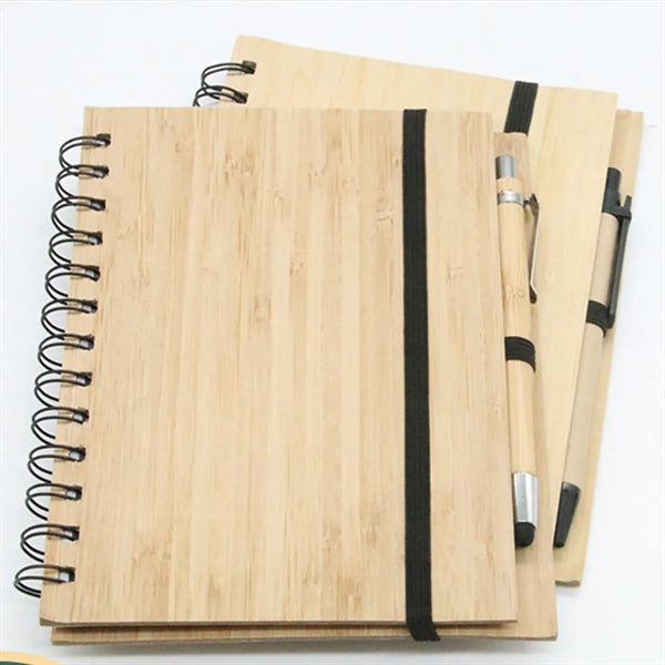 Spiral Notepad Wood Journal Bamboo Cover Notebook With Pen