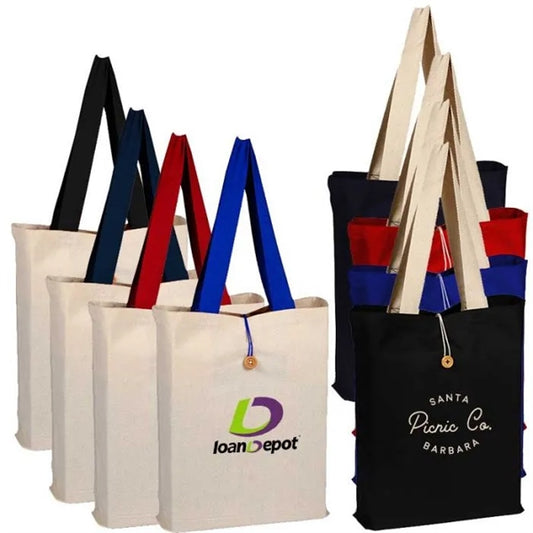Fashion tote with cotton webbed handles and buttoned closure