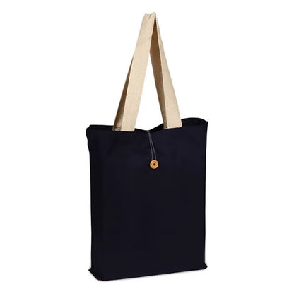 Fashion tote with cotton webbed handles and buttoned closure
