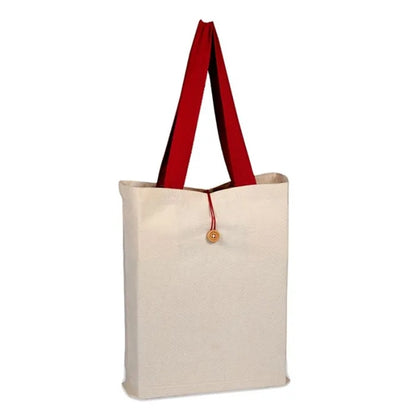 Fashion tote with cotton webbed handles and buttoned closure