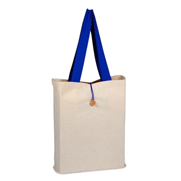 Fashion tote with cotton webbed handles and buttoned closure