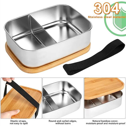 304 Stainless Steel Bento Box with Bamboo Lid