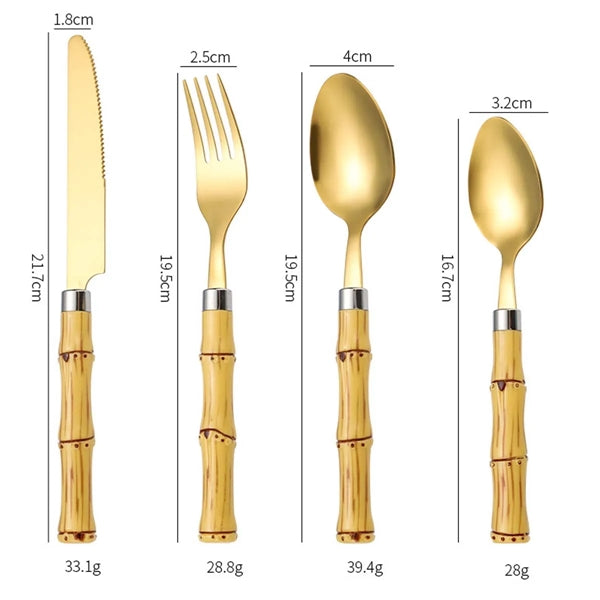4 Piece Bamboo Stainless Steel Cutlery Gold Flatware Sets