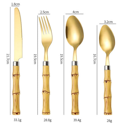 4 Piece Bamboo Stainless Steel Cutlery Gold Flatware Sets
