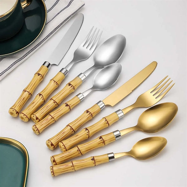 4 Piece Bamboo Stainless Steel Cutlery Gold Flatware Sets