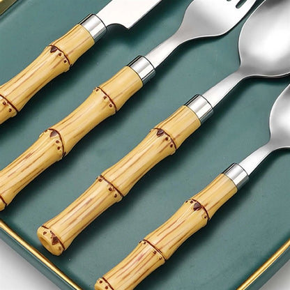 4 Piece Bamboo Stainless Steel Cutlery Gold Flatware Sets