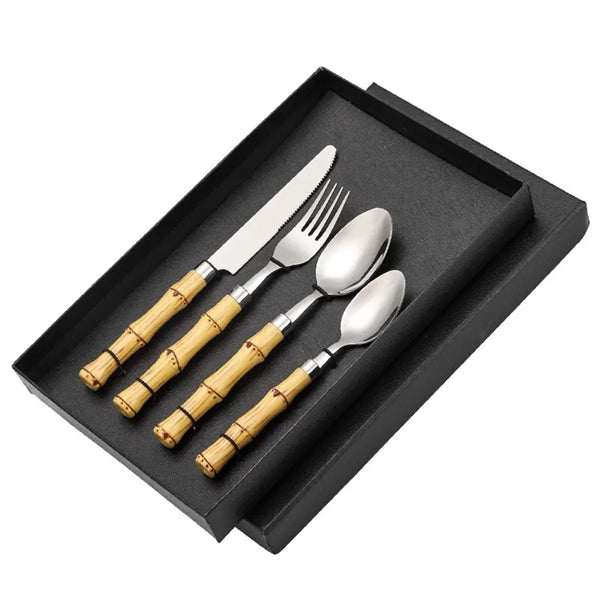 4 Piece Bamboo Stainless Steel Cutlery Gold Flatware Sets