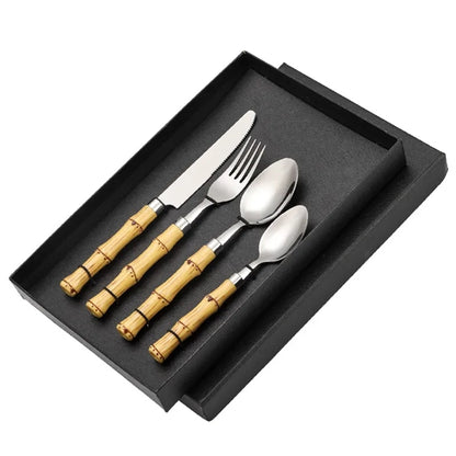 4 Piece Bamboo Stainless Steel Cutlery Gold Flatware Sets