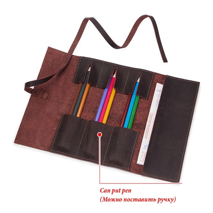 Genuine Leather Pencil Case Roll Up Bag