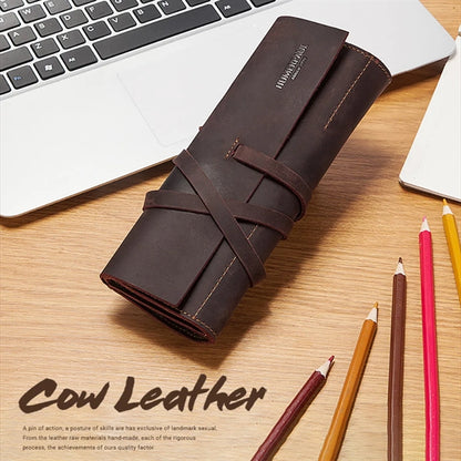 Genuine Leather Pencil Case Roll Up Bag