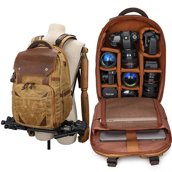 Vintage Leather Camera Backpack for Photographers.