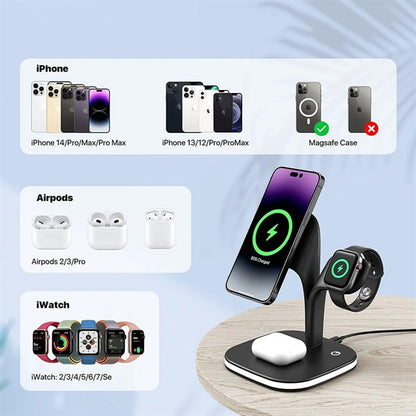 Magnetic 3 in 1 Wireless Charging Station w/ Night Light