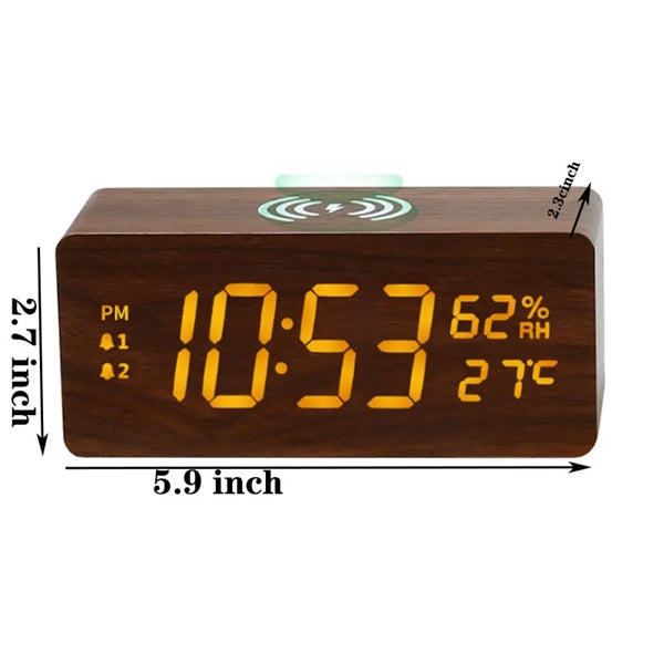 Wooden Digital Alarm Clock Wireless Charging