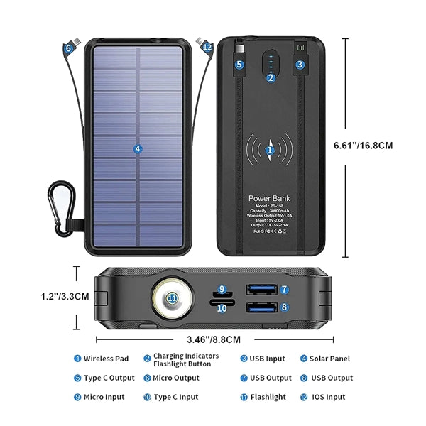 20,000 mAh Solar Wireless Charging Bank With Flashlight