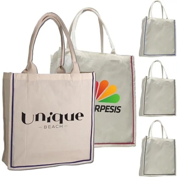 Color Stripe Fancy Web Handle Tote Bag W/ Bottom Gusset