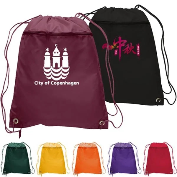 210D Polyester Drawstring Backpack W/ Front Pocket
