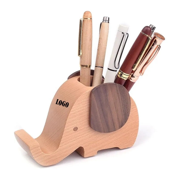 Elephant Wooden Pen Cup With Phone Holder