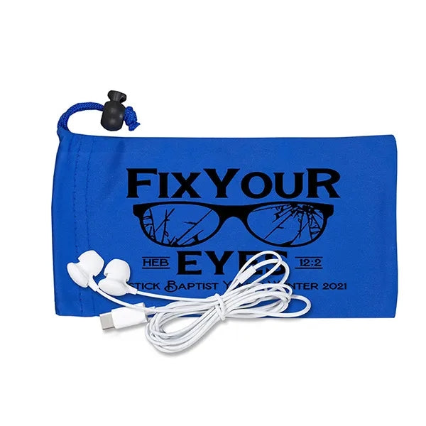 Tuneboom Mobile Tech Earbud Kit in Microfiber Cinch Pouch