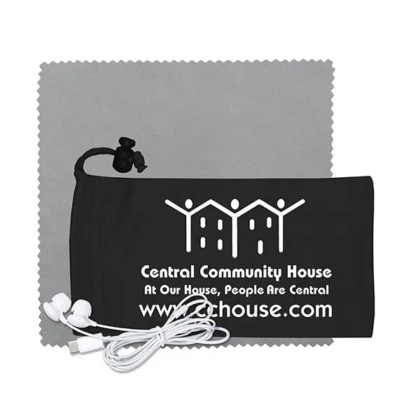 Mobile Tech Earbud Kit with Microfiber Cloth in Cinch Pouch