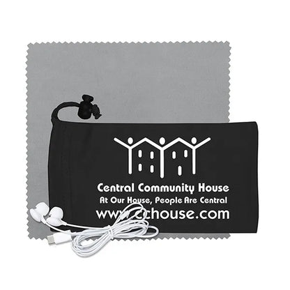 Mobile Tech Earbud Kit with Microfiber Cloth in Cinch Pouch