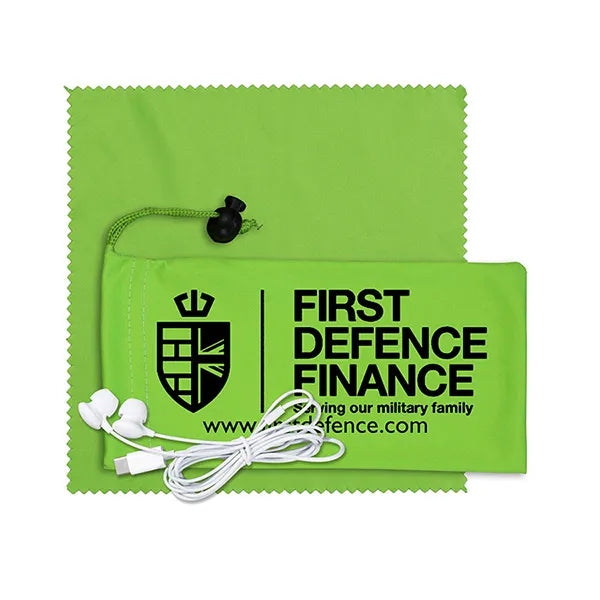 Mobile Tech Earbud Kit with Microfiber Cloth in Cinch Pouch