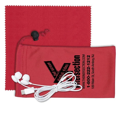 Mobile Tech Earbud Kit with Microfiber Cloth in Cinch Pouch