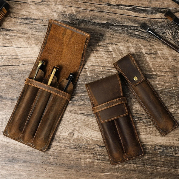 Genuine Leather Pen Case with Alloy Snap Buttom