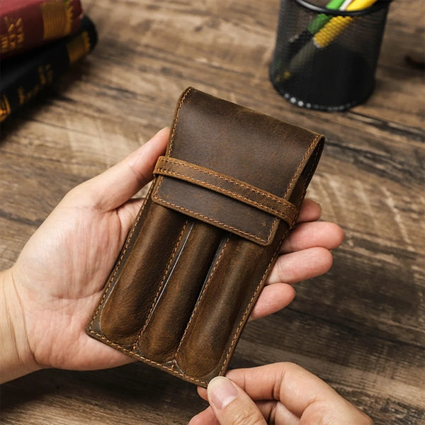 Genuine Leather Pen Case with Alloy Snap Buttom