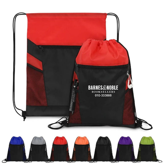ZIPPERED DRAWSTRING BACKPACK WITH MESH POCKETS
