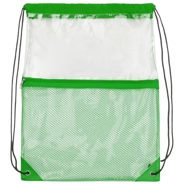 Clear PVC Drawstring Bag w/ Mesh Pocket (13.5" x 17")