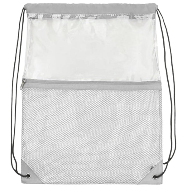Clear PVC Drawstring Bag w/ Mesh Pocket (13.5" x 17")