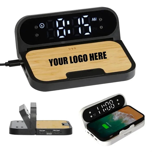 Bamboo Wireless Charging Pad With Digital Clock