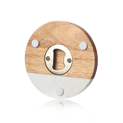 Round Marble and Wood Coasters with Bottle Opener